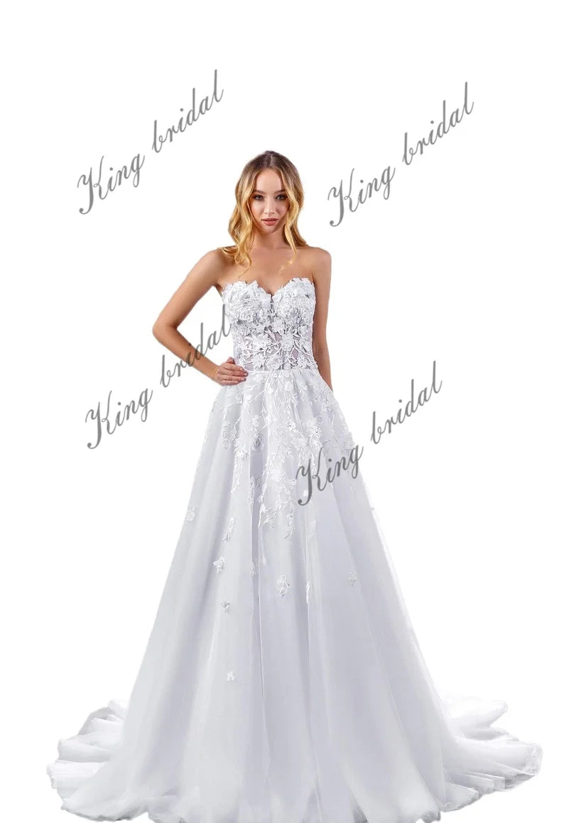 Benutzerdefinierte Blumenspitze Brautkleid A-Linie Tüll 3D Spitze Brautkleid Off the Shoulder Korsett Brautkleider Benutzerdefinierte Brautkleider 