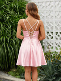 Vestidos de satén con escote en V para adolescentes, vestidos cortos de fiesta de graduación, tirantes finos, vestidos de cóctel con bolsillos, vestidos de dama de honor 