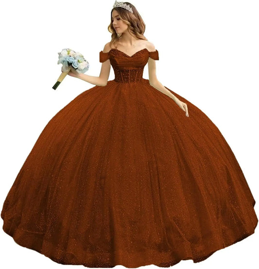 Tulle Quinceanera Dresses with Bow Puffy Off Shoulder Sweet 16 Dresses Sparkly Crystal Quince Dress with Train