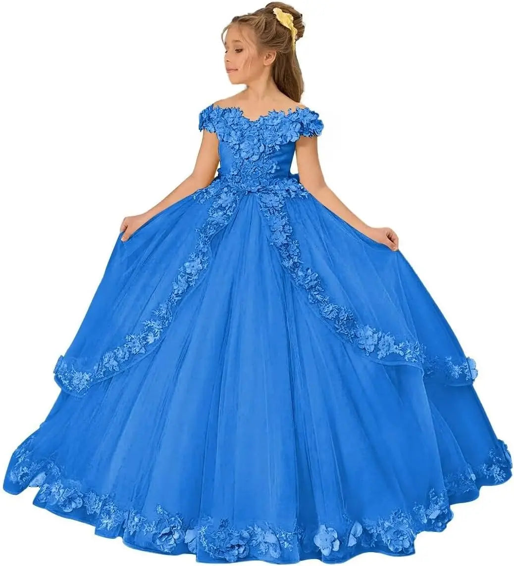 Vestido de tul para niña de las flores, para boda, con hombros descubiertos, para desfile, con flores 3D, estilo princesa, para fiesta 