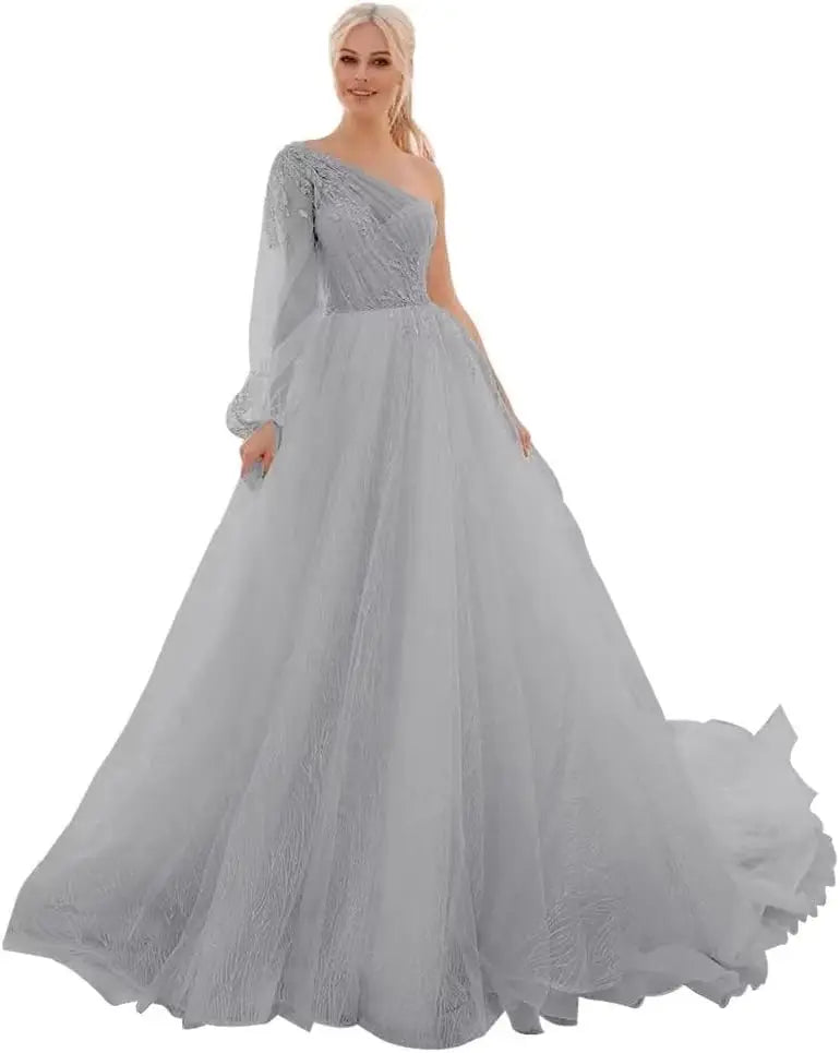 One Shoulder Appliques Tulle Prom Dresses Glitter Ball Gown Wedding Dress Princess Formal Gown