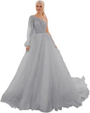 One Shoulder Appliques Tulle Prom Dresses Glitter Ball Gown Wedding Dress Princess Formal Gown