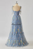 Women's Flower Embroidery Tulle Prom Dresses Corset Long Spaghetti Strap Fairy Ruched Formal Evening Party Gown Bridesmaid Dress