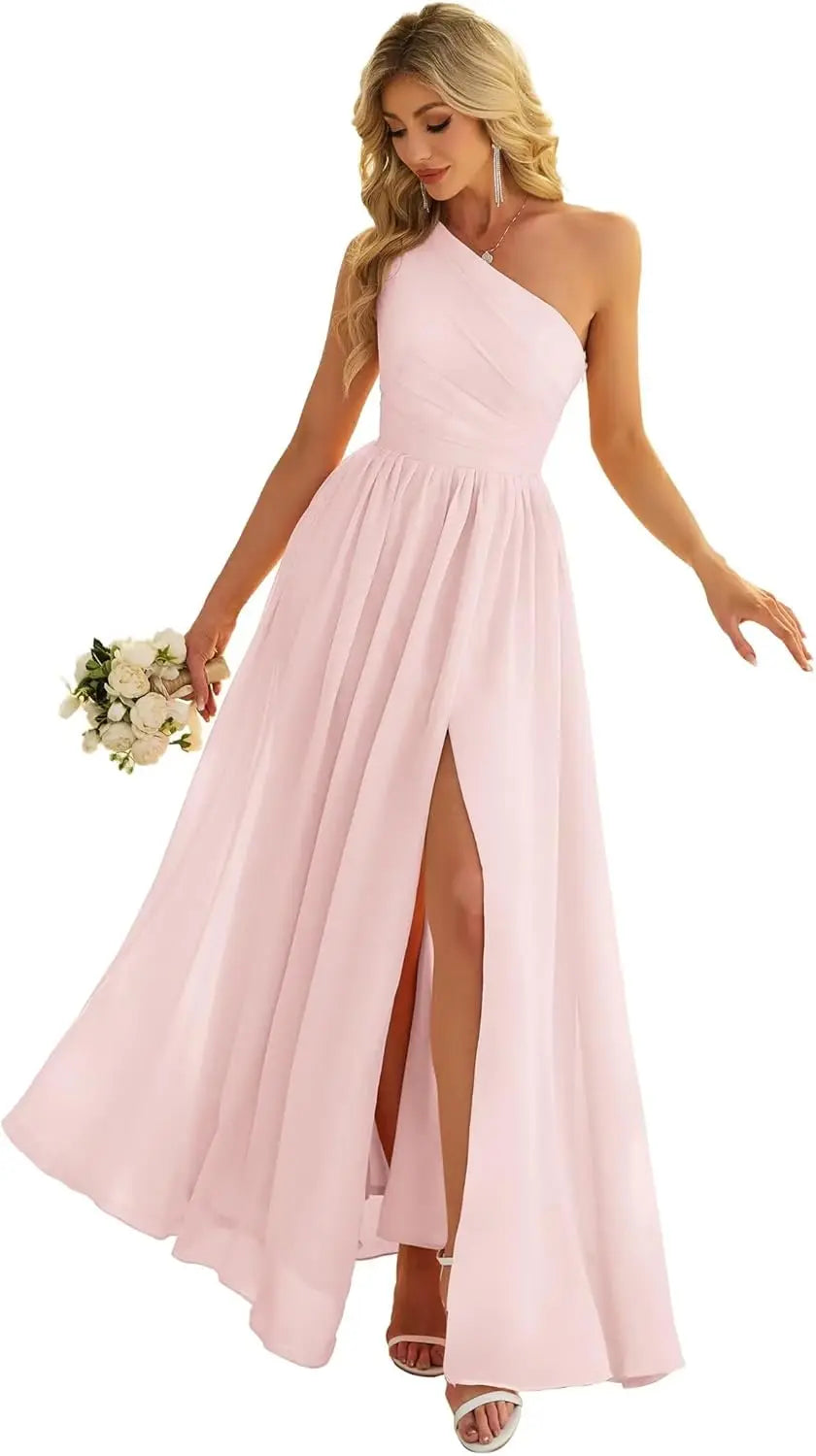 Women's One Shoulder Bridesmaid Dresses for Wedding Chiffon Side Split Reched Formal Evening Dress Sleeveless
