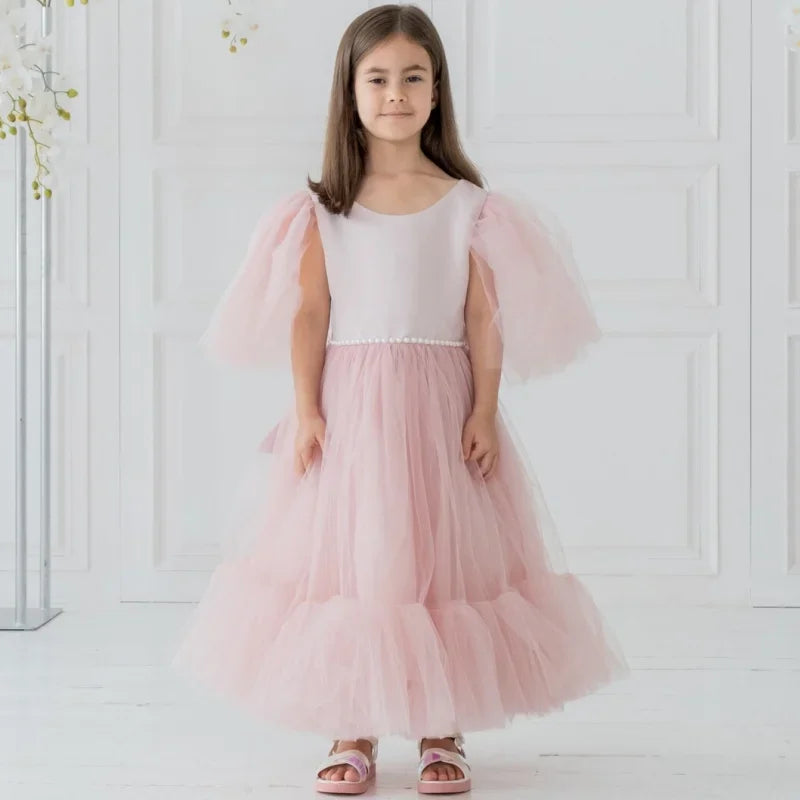 Vestido de princesa de tul rosa con lazo y manga corta para bodas, fiestas de cumpleaños, banquetes, vestidos de princesa, vestidos de niña de las flores 