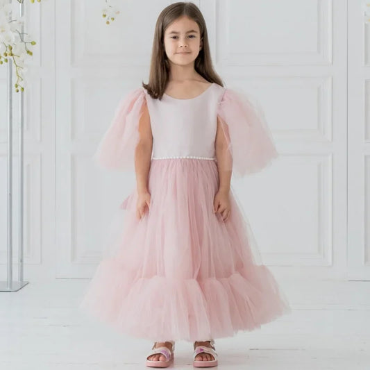 Vestido de princesa de tul rosa con lazo y manga corta para bodas, fiestas de cumpleaños, banquetes, vestidos de princesa, vestidos de niña de las flores 