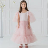 Vestido de princesa de tul rosa con lazo y manga corta para bodas, fiestas de cumpleaños, banquetes, vestidos de princesa, vestidos de niña de las flores 