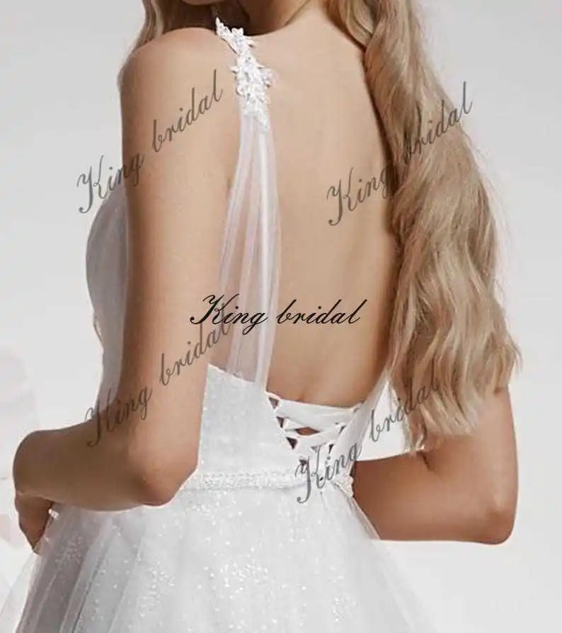 Vestido de novia de tul con puntos y purpurina personalizado, vestidos de novia de tul brillante, elegantes vestidos de novia con corsé, vestido de novia drapeado personalizado. 