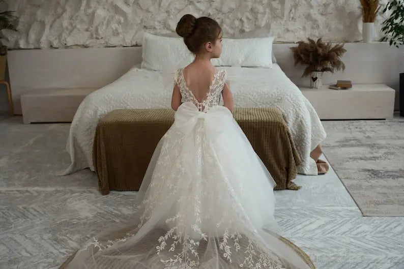 Elfenbeinfarbenes Blumenmädchenkleid, Ballkleid für Kleinkinder, Tutu, Erstkommunionkleider für Kinder, Festzugskleider für Mädchen, Prinzessinnen-Applikationen 