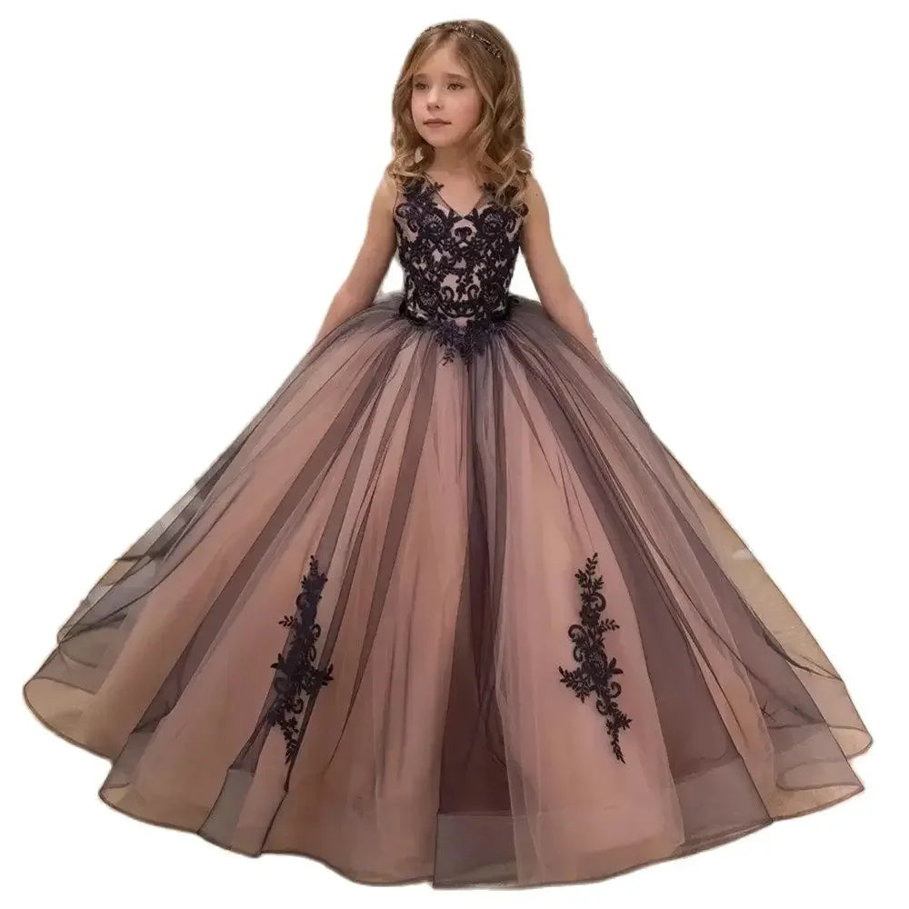 Pageant Birthday Photoshoot First Communion Customize V-Neck Flower Girl Dress for Wedding Lace Tulle Formal Occasion Party
