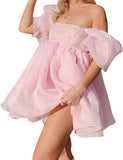Damen Off-Shoulder Rüschen Flauschig Kurzarm Mesh Party Mini Prinzessin Kleid Kurzes Ballkleid Abschlussballkleid 