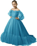 Vestidos de niña de las flores con mangas abullonadas para boda, vestidos de desfile de tul con hombros descubiertos, vestido de línea A para niña pequeña con cinturón, vestido para niña bebé 