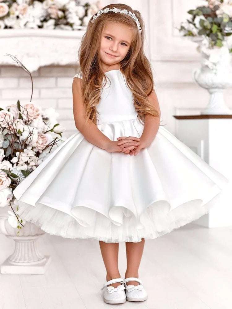 Pageant Dresses For Girls  Flower Girl Dresses White Satin With Bow Sleeveless For Wedding Birthday Party Banquet Princess Gowns