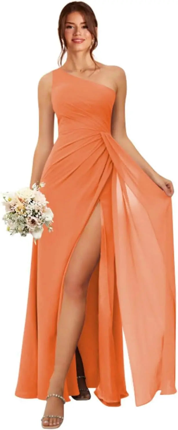 One Shoulder Bridesmaid Dresses for Women Long Ruched Chiffon A Line Formal Evening Dress with Slit prom dresses
