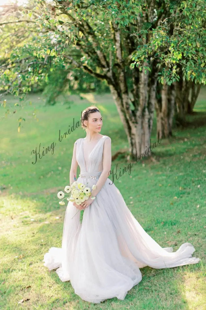 Tulle draped wedding gown Sleeveless airy bridal Full wedding dresses Evening dress gownOpen back bridal simple wedding dress