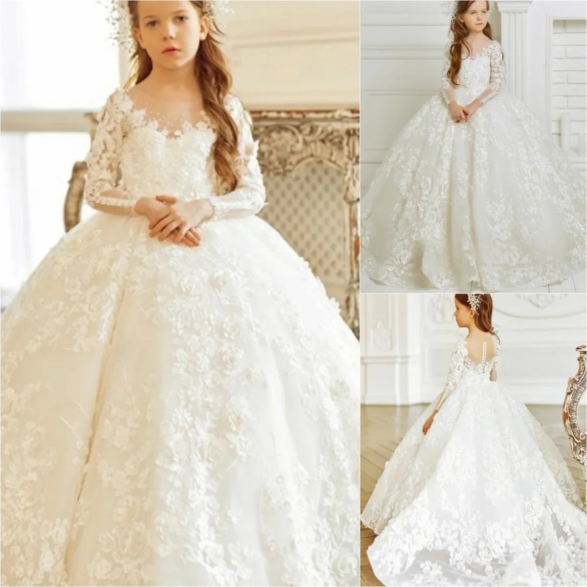 Elegant Baby Girl Prom Gown for Photoshoot Princess First Communion Gowns White Flower Girl Dresses for Wedding Lace Appliques
