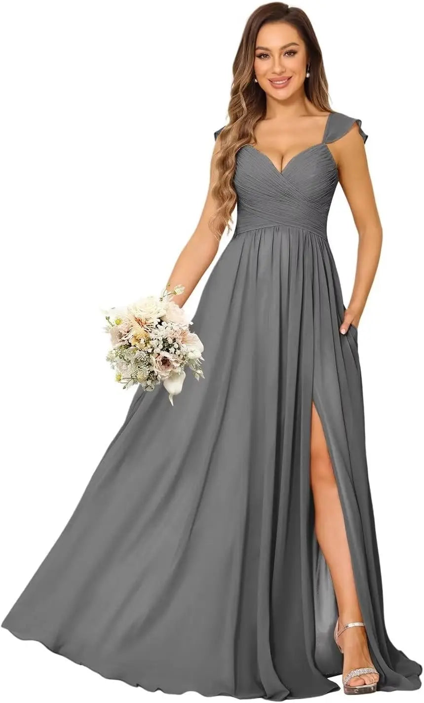 Women's Cap Sleeves Chiffon Bridesmaid Dresses Long with Pockets Ruffle Formal Evening Dresses with Slit Wedding Party Gowns