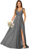 Women's Cap Sleeves Chiffon Bridesmaid Dresses Long with Pockets Ruffle Formal Evening Dresses with Slit Wedding Party Gowns