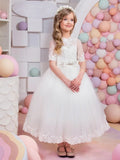 Vestidos de primera comunión para banquetes de cumpleaños, vestidos de niña de las flores con apliques de encaje blanco y lazo, media manga para boda 