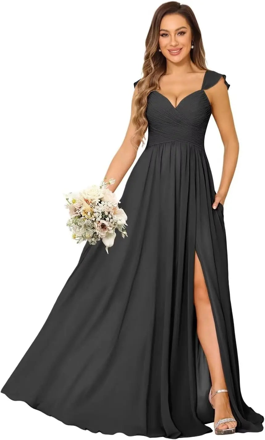 Women's Cap Sleeves Chiffon Bridesmaid Dresses Long with Pockets Ruffle Formal Evening Dresses with Slit Wedding Party Gowns