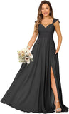 Women's Cap Sleeves Chiffon Bridesmaid Dresses Long with Pockets Ruffle Formal Evening Dresses with Slit Wedding Party Gowns