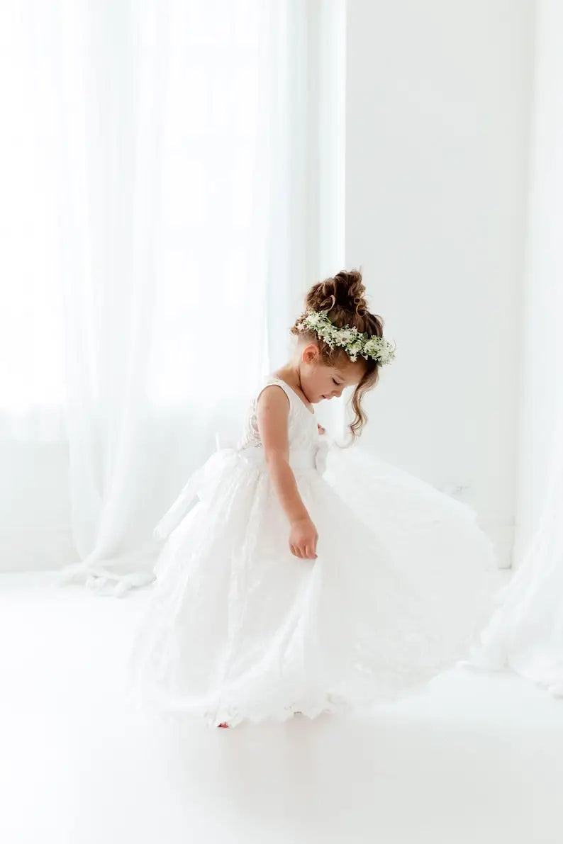 Boho Weißes Blumenmädchen Kleid, Rustikales Tüll Hochzeitskleid, Willst du mein Blumenmädchen Vorschlag sein, Boho Kleider Prinzessinnenkleid 