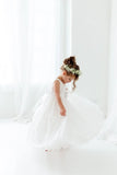 Boho Weißes Blumenmädchen Kleid, Rustikales Tüll Hochzeitskleid, Willst du mein Blumenmädchen Vorschlag sein, Boho Kleider Prinzessinnenkleid 