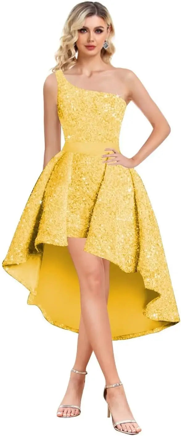 High Low One Shoulder Sequin Homecoming Dresses Short Prom Dresses Sparkly A Line Cocktail Midi Dress graduation dress