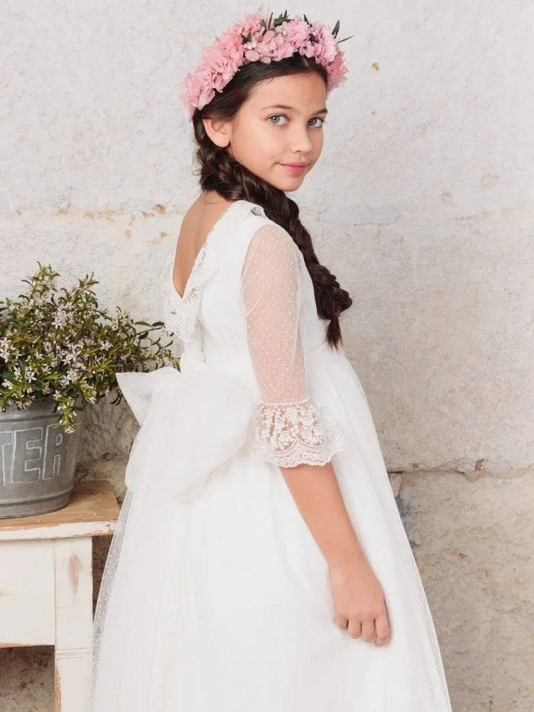 Vestidos de princesa con lazo blanco y media manga para bodas, cumpleaños, comuniones, banquetes, vestidos de niña de las flores con apliques de encaje blanco. 