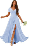 Custom Made Flutter Sleeves Split Bridesmaid Dresses with Slit Long V Neck Empire Waist Formal Evening Dress for Women Wedding