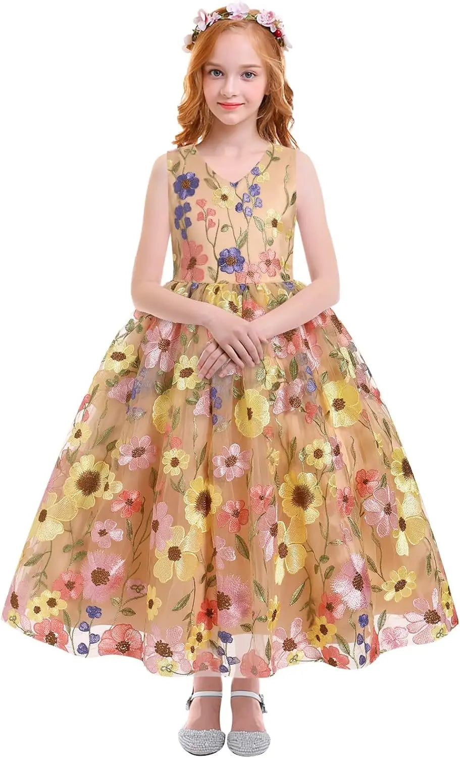 Floral Embroidered Tulle Dress Girls Sleeveless Birthday Wedding Pageant Party Formal Long Tutu Dresses princess dress