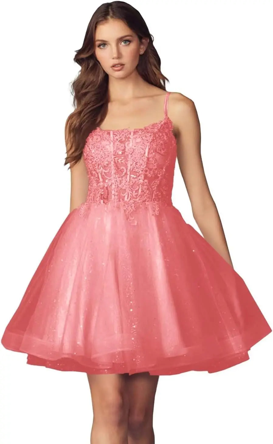 Kurzes Homecoming-Kleid mit Spitzenapplikationen aus Tüll für Teenager mit Spaghettiträgern, Cocktail-, Abschlussball- und Partykleider 