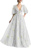 Women's Long Sleeve Flower Embroidery Tulle Prom Dresses Maxi A Line V Neck Fairy Formal Evening Party Gown Bridesmaid Dresses