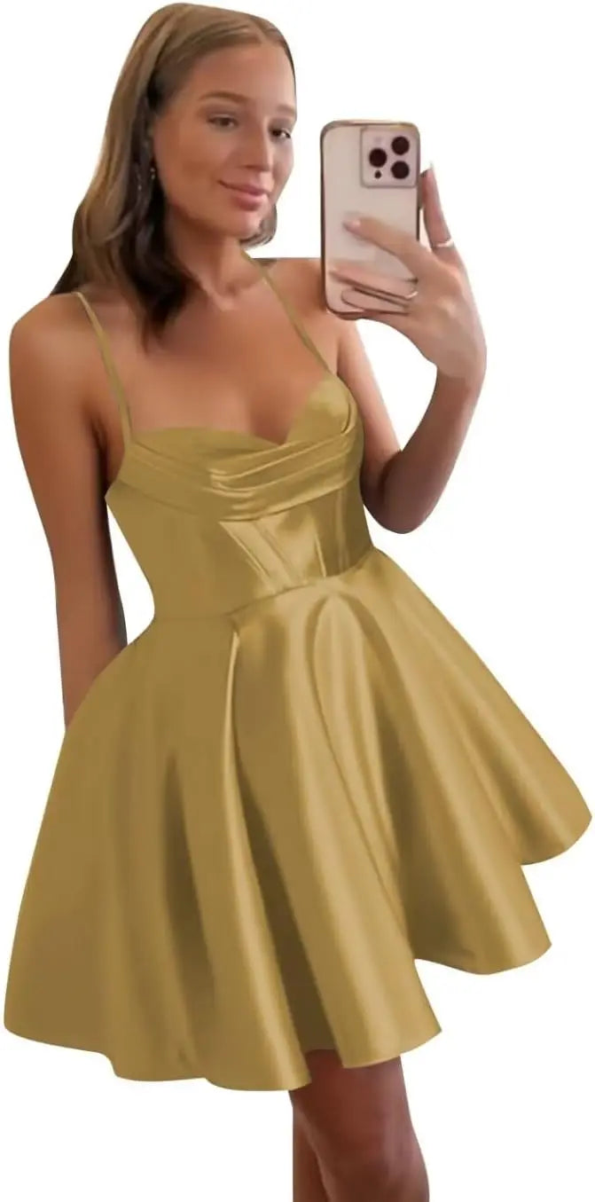 Spaghetti Straps Satin Homecoming Dresses for Women Short Halter Formal Prom Dresses with Pockets Graduation Mini Dress