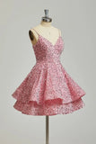 Sparkly Sequin Homecoming Dresses for Teens 2025 Short V Neck A Line Tiered Mini Formal Prom Cocktail Gown Above Knee Club Dress