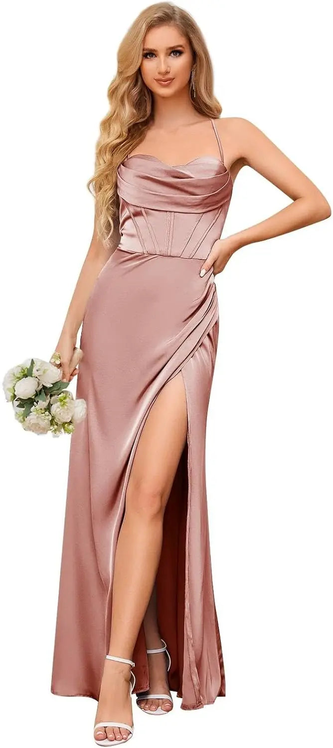 Cowl Neck Satin Bridesmaid Dresses for Women Mermaid Corset Prom Dress Long Formal Evening Gown with Slit Wedding Party Gowns