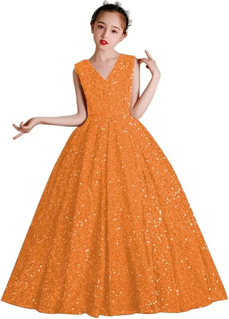 Vestidos de desfile con lentejuelas y cuello en V para niñas, vestidos de baile brillantes para niñas de las flores, vestidos de princesa para niñas pequeñas, vestido de comunión 