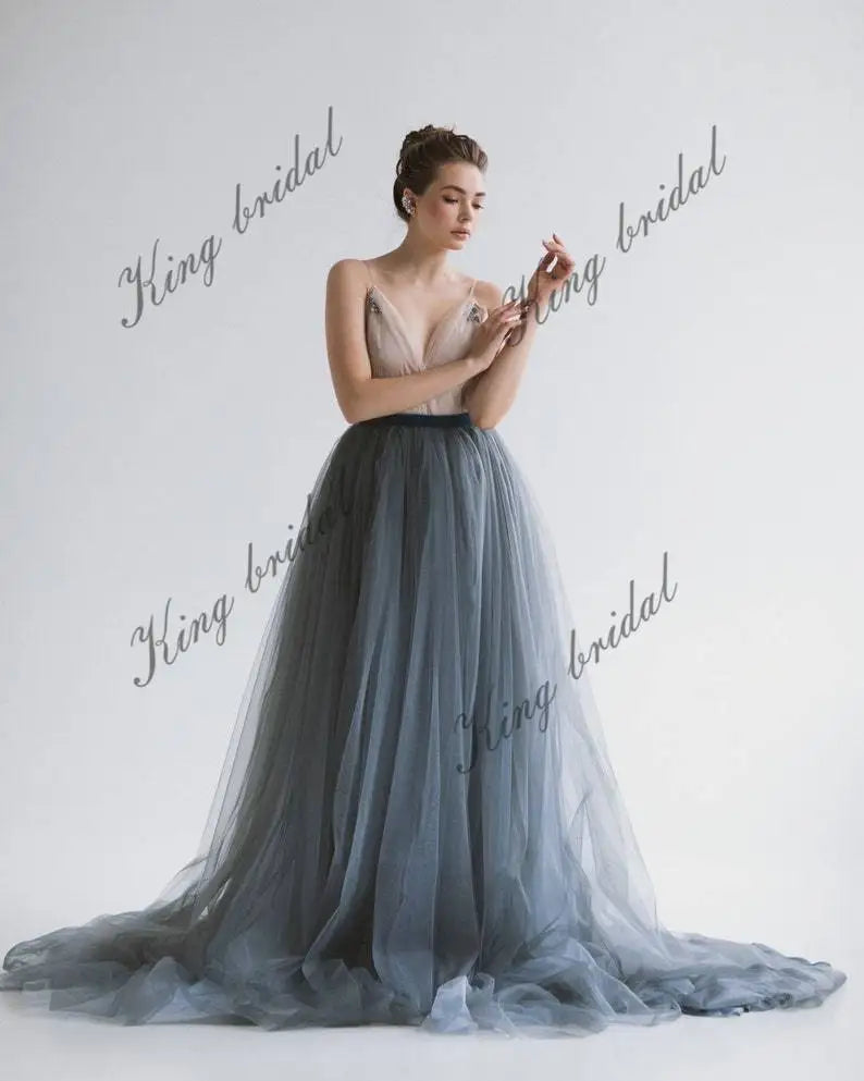 Dark blue wedding dress Tulle bridal full dress, Bridal bow sash dress bride simple wedding party evening dresses