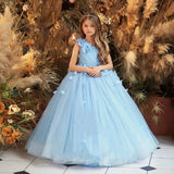 Kleid für die erste heilige Kommunion, blau, eine Schulter, Blumenmädchenkleider für Hochzeit, 3D-Blumen, bodenlang, Mädchen, Kindergeburtstag 