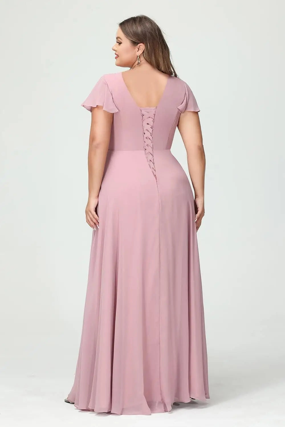 Vestidos de dama de honor con mangas con volantes y bolsillos, cuello en V, largos y formales, para mujer, talla grande, 2026, para fiesta de boda. 