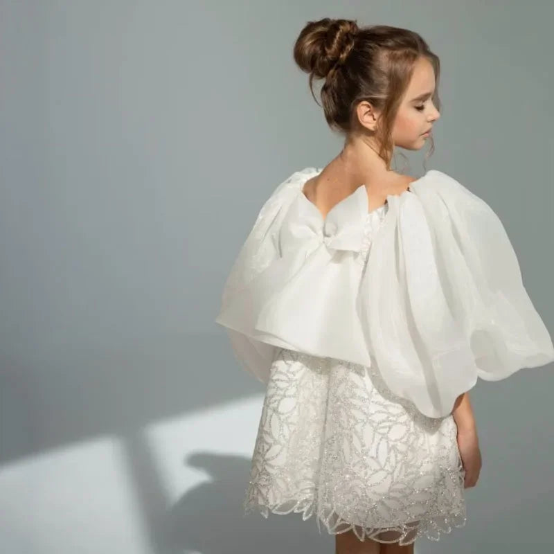 Vestidos de niña de las flores personalizados con bordado floral blanco y lazo de manga corta para bodas, cumpleaños, banquetes, primera comunión. 