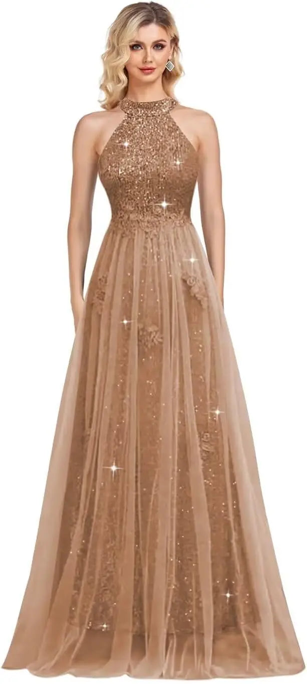 Vestidos de fiesta de lentejuelas con cuello halter y flores, hechos a medida, 2025, de tul brillante, corte A, para boda, fiesta formal de noche 