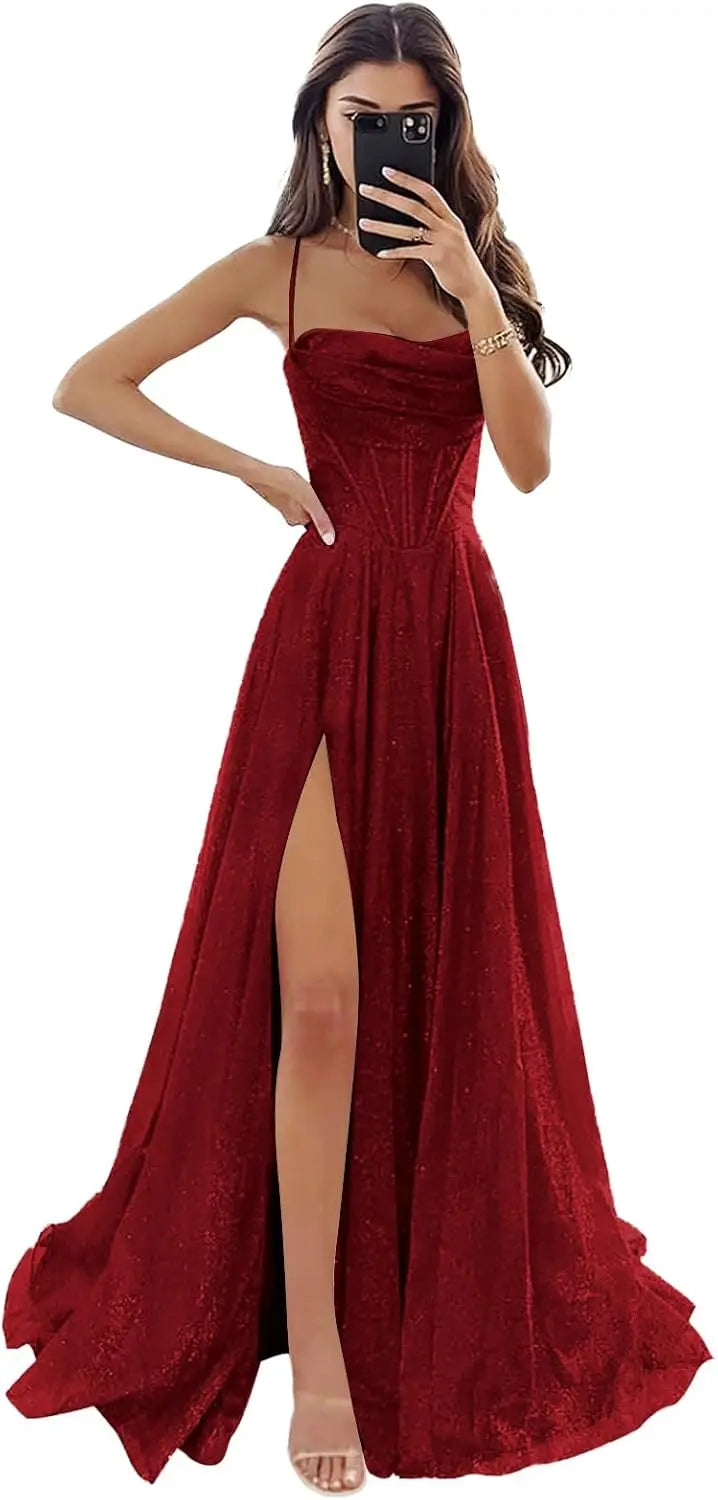 Damen Spaghettiträger Glitzer Tüll Ballkleider mit Schlitz Wasserfallausschnitt Langes formelles Abendkleid Partykleid 