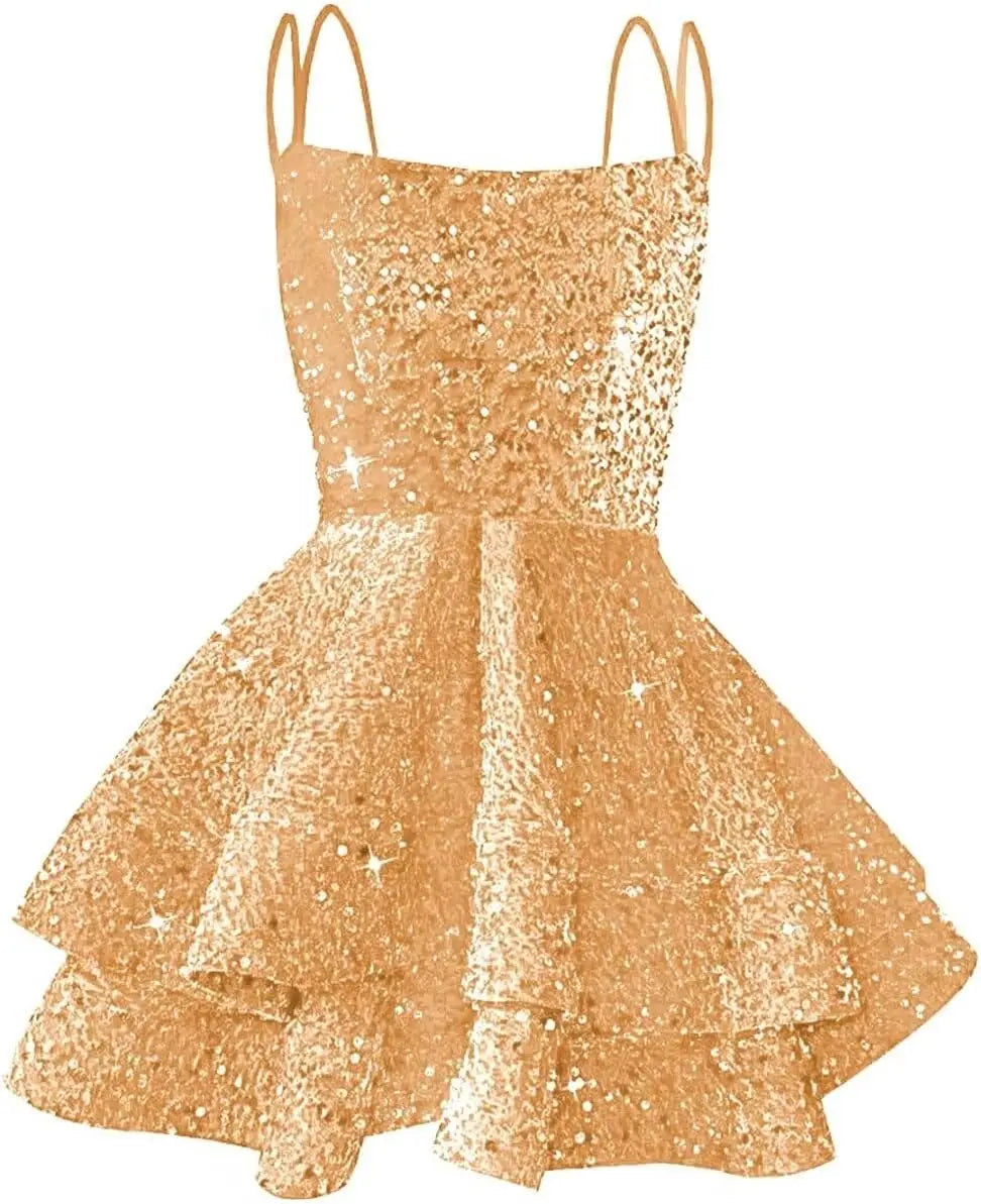 Hübsches, funkelndes Pailletten-Heimkehrkleid für Teenager, kurzes, gestuftes Ballkleid mit quadratischem Ausschnitt und A-Linie, Cocktail-Club-Partykleid 
