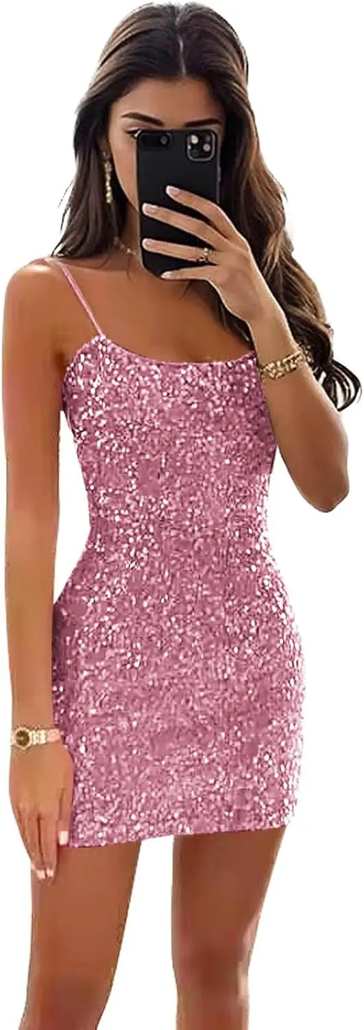 Women's Sparkly Sequin Homecoming Dresses for Teens Spaghetti Strap Tight Short Corset Prom Dresses formal dress  evening gown