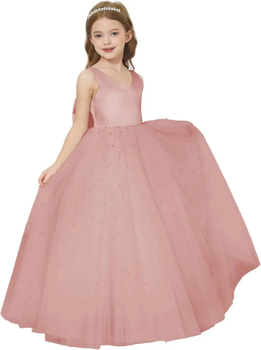 Elegant Flower Girl Dress Satin Tulle Princess Pageant Dresses for Girls Pearl Beads Wedding Maxi Gown girls party dress