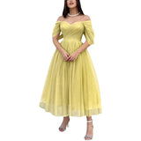 Tulle Sweetheart A-line Evening Dresses Off the Shoulder Tea-Length Formal Dress With Pleats & Bow Elegant Lace Up Prom Gowns