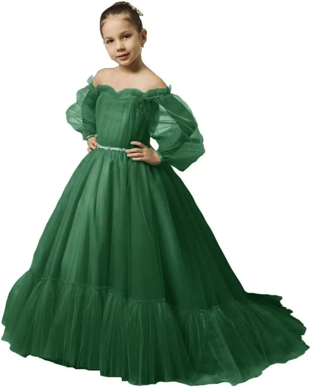 Vestidos de niña de las flores con mangas abullonadas para boda, vestidos de desfile de tul con hombros descubiertos, vestido de línea A para niña pequeña con cinturón, vestido para niña bebé 