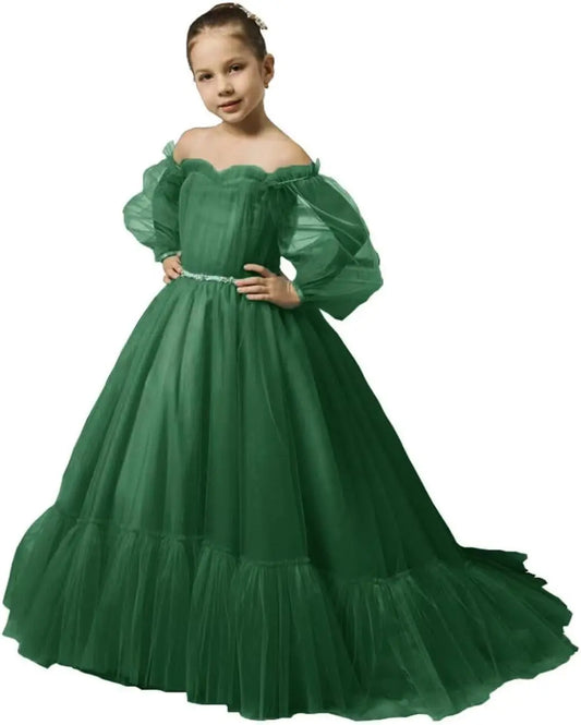 Vestidos de niña de las flores con mangas abullonadas para boda, vestidos de desfile de tul con hombros descubiertos, vestido de línea A para niña pequeña con cinturón, vestido para niña bebé 