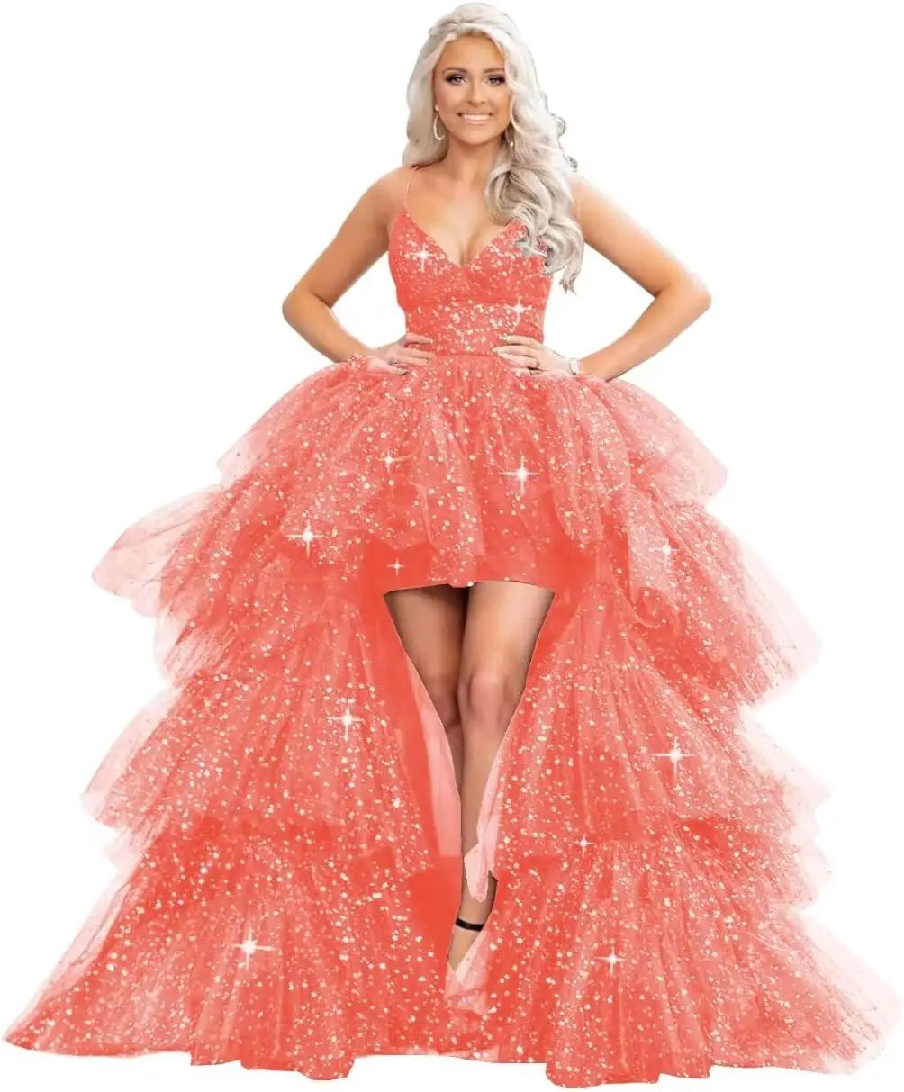 High Low Pailletten Tüll Ballkleider Mehrlagiges Romantisches Ballkleid für Damen Funkelndes Abendkleid Abendkleider 